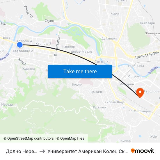 Долно Нерези to Универзитет Американ Колеџ Скопје map
