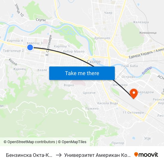Бензинска Окта-Карпош 3 to Универзитет Американ Колеџ Скопје map