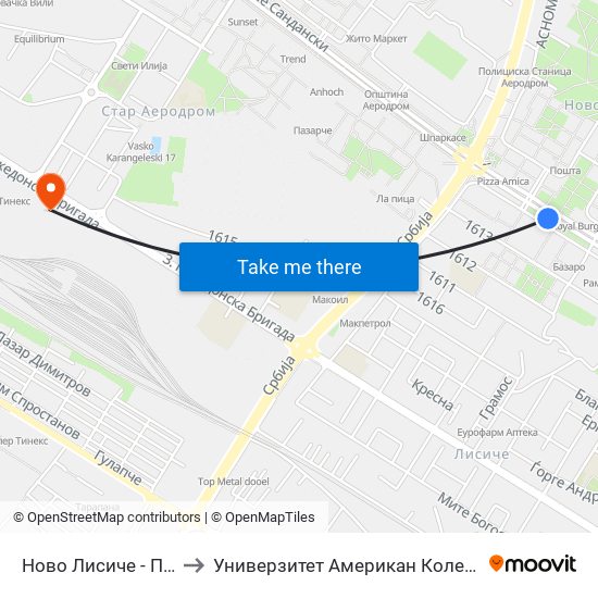 Ново Лисиче - Пошта to Универзитет Американ Колеџ Скопје map