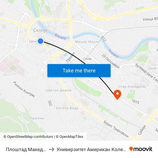 Плоштад Македонија to Универзитет Американ Колеџ Скопје map