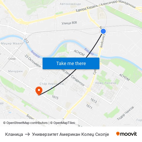 Кланица to Универзитет Американ Колеџ Скопје map