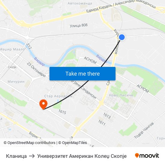 Кланица to Универзитет Американ Колеџ Скопје map