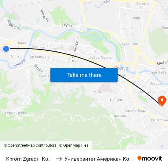 Khrom Zgradi - Kon Centar to Универзитет Американ Колеџ Скопје map