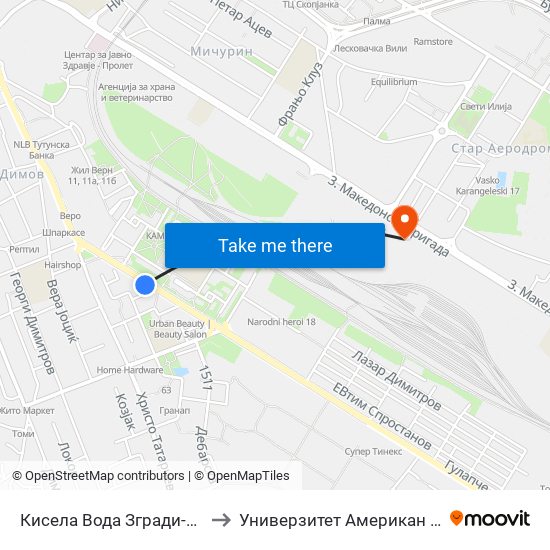 Кисела Вода Згради-Кон Драчево to Универзитет Американ Колеџ Скопје map