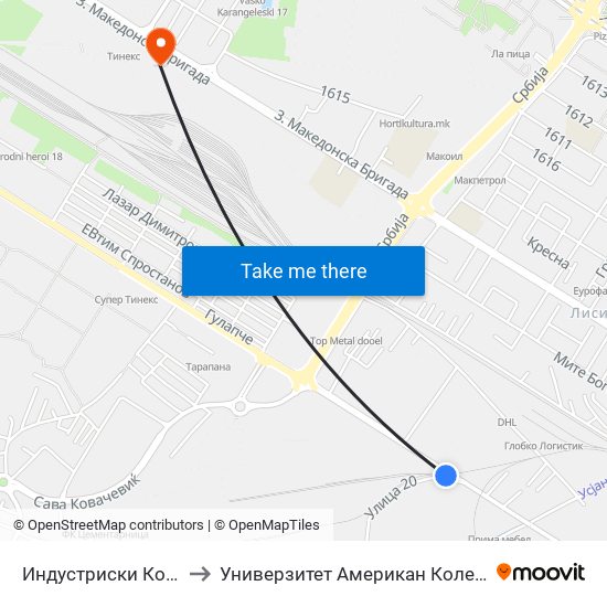 Индустриски Колосек to Универзитет Американ Колеџ Скопје map