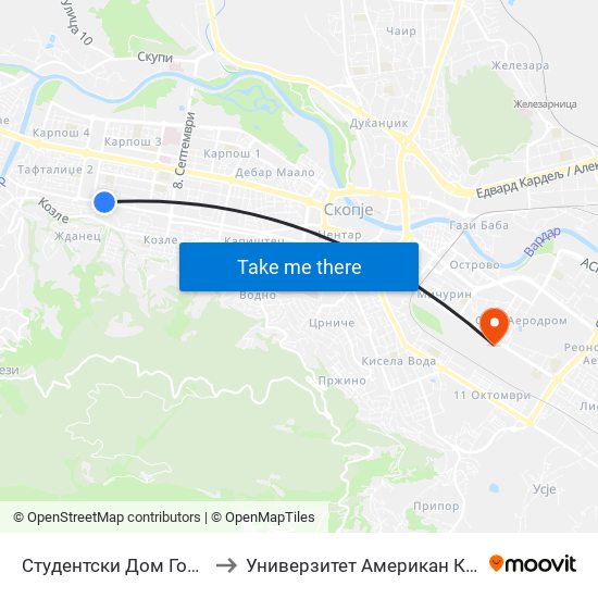 Студентски Дом Гоце Делчев to Универзитет Американ Колеџ Скопје map