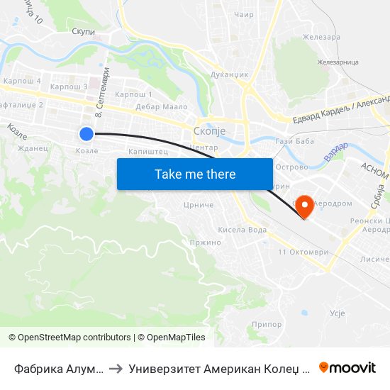 Фабрика Алумина to Универзитет Американ Колеџ Скопје map