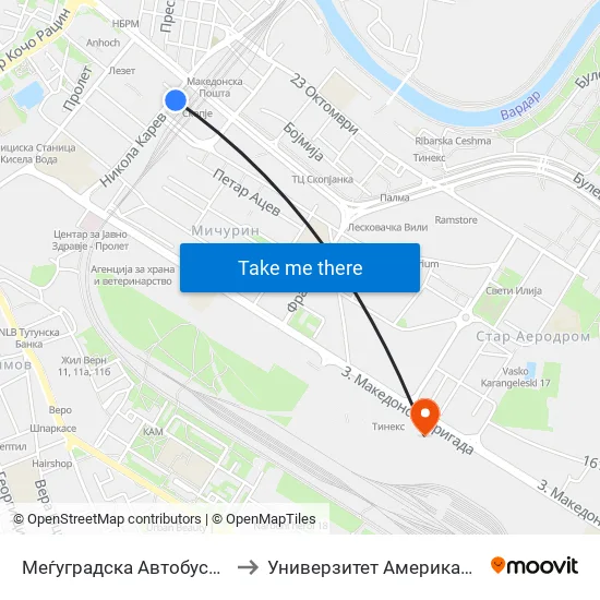 Меѓуградска Автобуска-Кон Центар to Универзитет Американ Колеџ Скопје map
