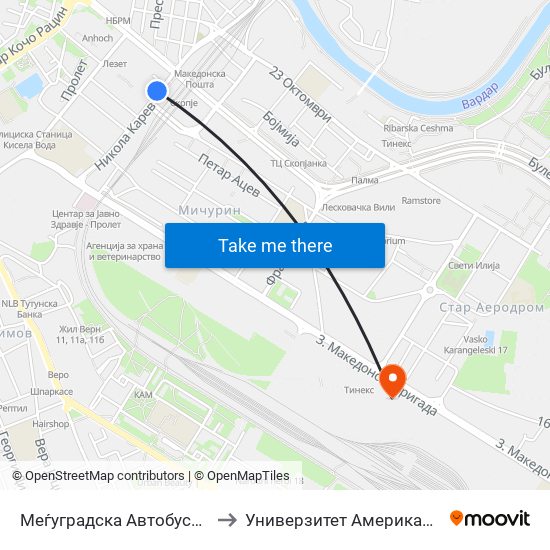 Меѓуградска Автобуска-Кон Лисиче to Универзитет Американ Колеџ Скопје map