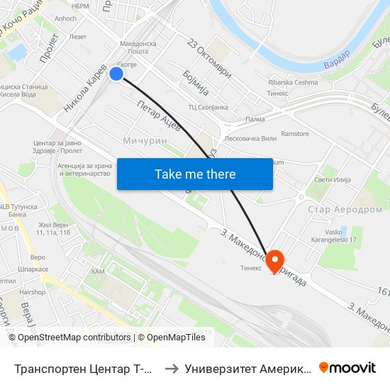 Транспортен Центар Т-Приградски Линии to Универзитет Американ Колеџ Скопје map