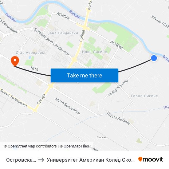 Островска Т to Универзитет Американ Колеџ Скопје map