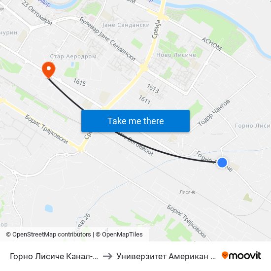 Горно Лисиче Канал-Кон Центар to Универзитет Американ Колеџ Скопје map