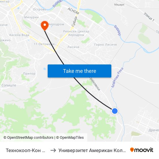 Технокооп-Кон Центар to Универзитет Американ Колеџ Скопје map