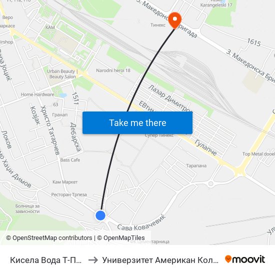 Кисела Вода Т-Почетна to Универзитет Американ Колеџ Скопје map