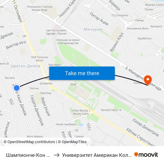 Шампионче-Кон Центар to Универзитет Американ Колеџ Скопје map