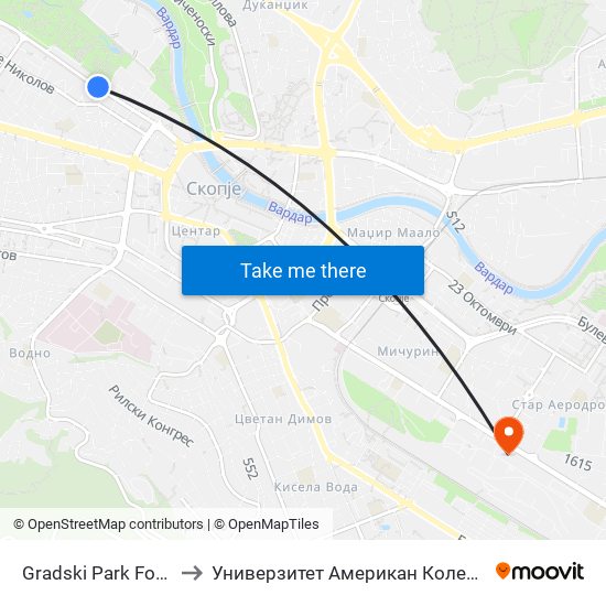 Gradski Park Fontana to Универзитет Американ Колеџ Скопје map