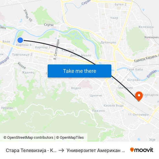 Стара Телевизија - Кон Центар to Универзитет Американ Колеџ Скопје map