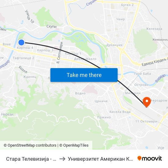 Стара Телевизија - Кон Влае to Универзитет Американ Колеџ Скопје map