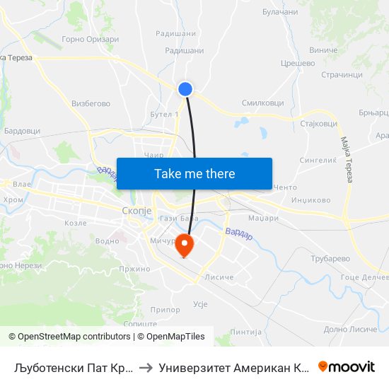 Љуботенски Пат Крстосница to Универзитет Американ Колеџ Скопје map