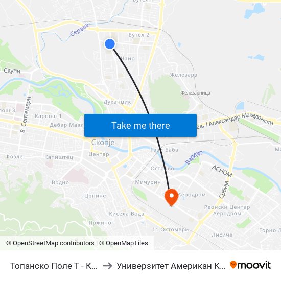 Топанско Поле Т - Кон Центар to Универзитет Американ Колеџ Скопје map