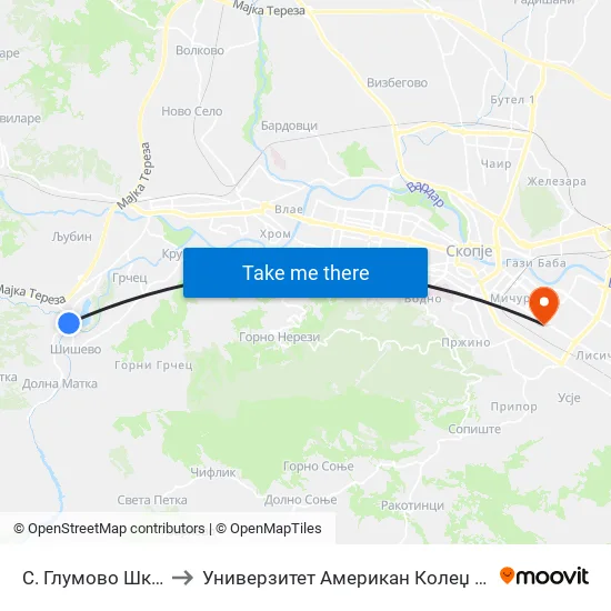 С. Глумово Школо to Универзитет Американ Колеџ Скопје map