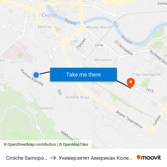 Crniche Samoposluga to Универзитет Американ Колеџ Скопје map