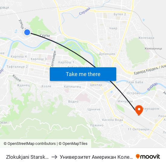 Zlokukjani Starski Dom to Универзитет Американ Колеџ Скопје map