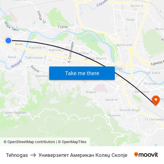 Tehnogas to Универзитет Американ Колеџ Скопје map