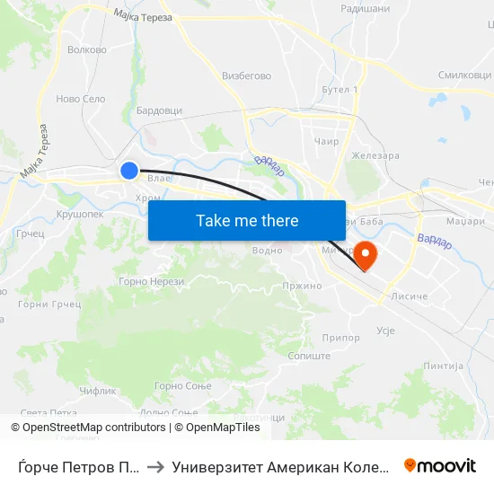 Ѓорче Петров Пазар to Универзитет Американ Колеџ Скопје map