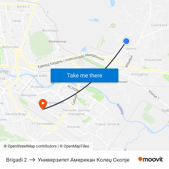 Brigadi 2 to Универзитет Американ Колеџ Скопје map