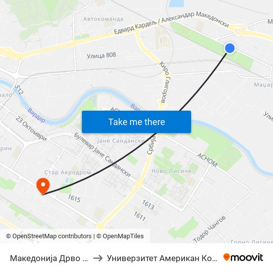 Македонија Дрво Маџари to Универзитет Американ Колеџ Скопје map