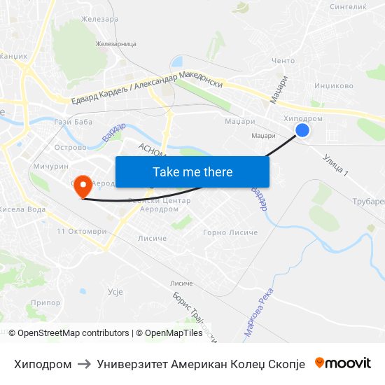 Хиподром to Универзитет Американ Колеџ Скопје map