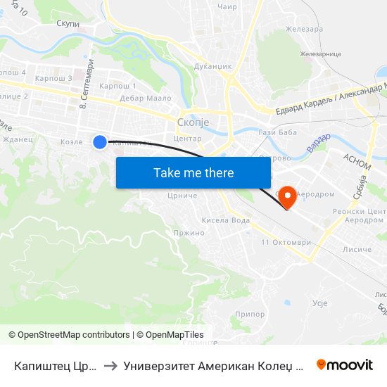 Капиштец Црква to Универзитет Американ Колеџ Скопје map
