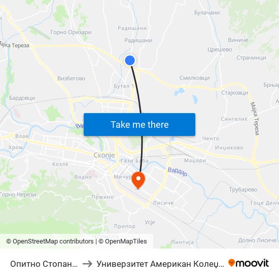 Опитно Стопанство to Универзитет Американ Колеџ Скопје map