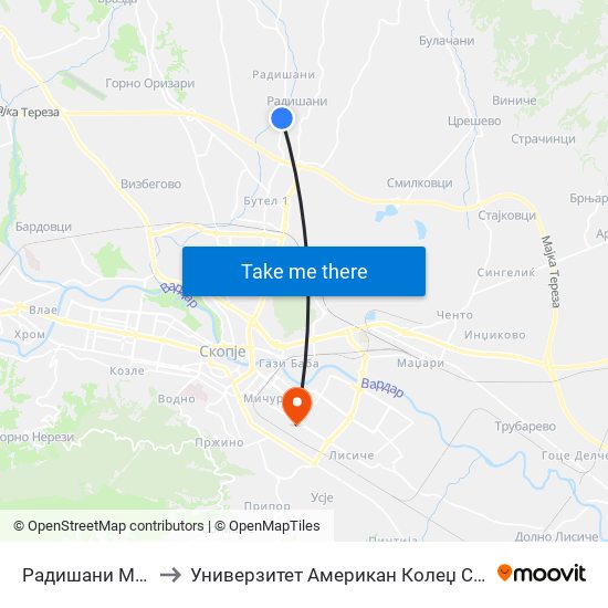 Радишани Мост to Универзитет Американ Колеџ Скопје map