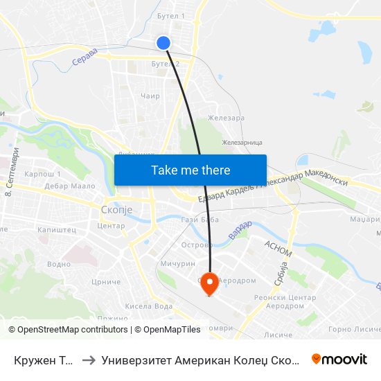 Кружен Тек to Универзитет Американ Колеџ Скопје map