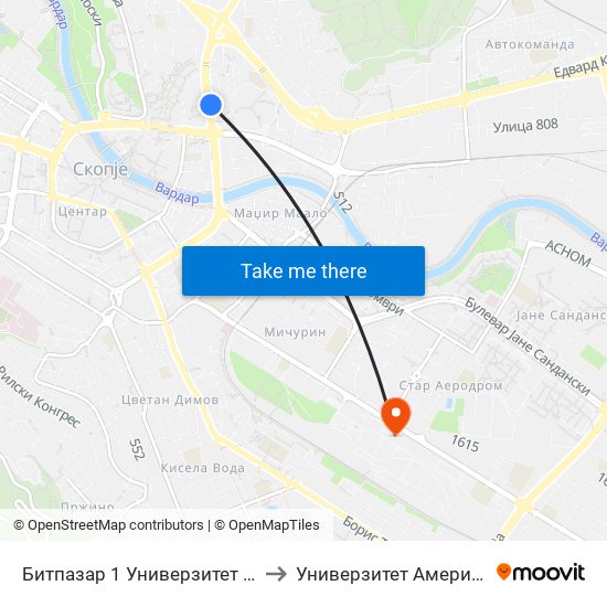 Битпазар 1 Универзитет Св. Кирил И Методиј to Универзитет Американ Колеџ Скопје map