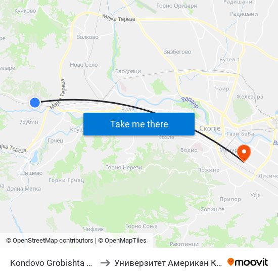 Kondovo Grobishta Kon Centar to Универзитет Американ Колеџ Скопје map