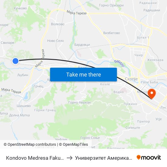 Kondovo Medresa Fakultet Kon Centar to Универзитет Американ Колеџ Скопје map