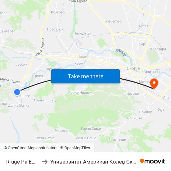 Rrugë Pa Emër to Универзитет Американ Колеџ Скопје map