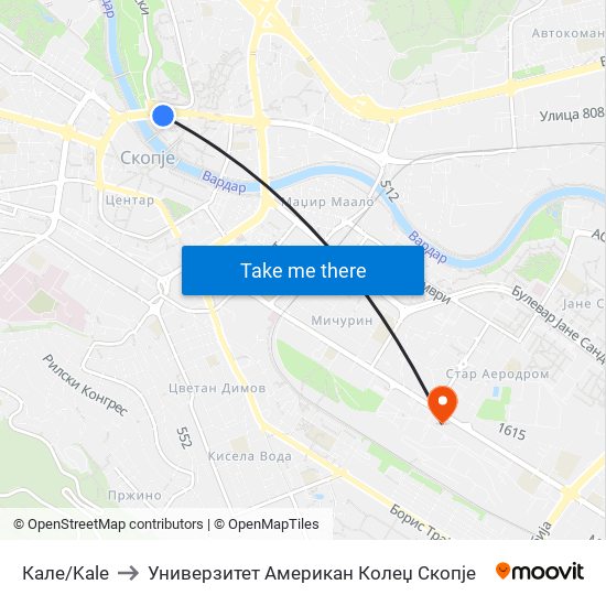 Кале/Kale to Универзитет Американ Колеџ Скопје map