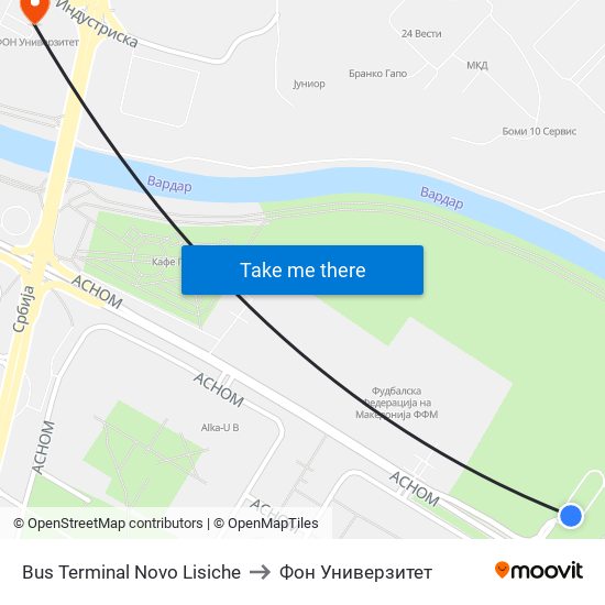 Bus Terminal Novo Lisiche to Фон Универзитет map