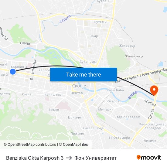 Benziska Okta Karposh 3 to Фон Универзитет map