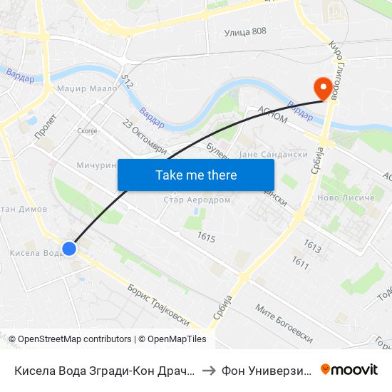 Кисела Вода Згради-Кон Драчево to Фон Универзитет map