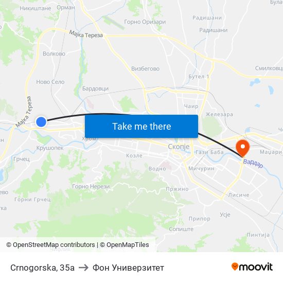 Crnogorska, 35a to Фон Универзитет map