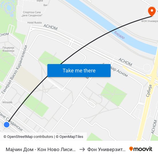 Мајчин Дом - Кон Ново Лисиче to Фон Универзитет map