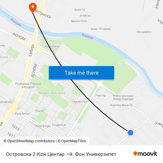 Островска 2-Кон Центар to Фон Универзитет map