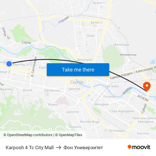 Karposh 4 Tc City Mall to Фон Универзитет map