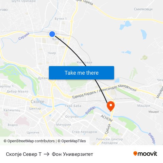 Скопје Север Т to Фон Универзитет map