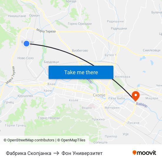 Фабрика Скопјанка to Фон Универзитет map